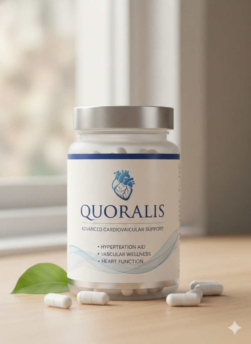 Quoralis food supplement bottle and capsules on a neutral surface